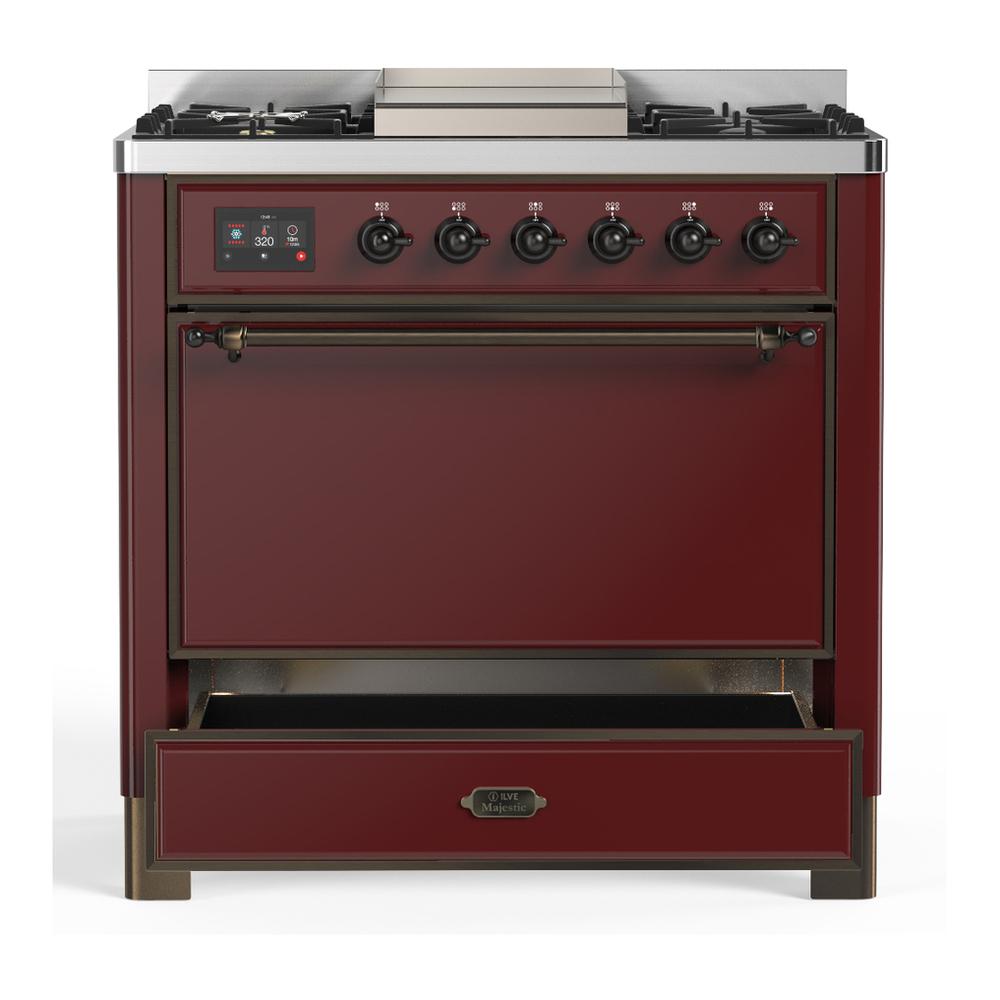 ILVE UM36FQNR3BUB Majestic III 36 inch Dual Fuel Range with 6 Black Brass Burners and Griddle, Dual Function Burner up to 25,000 BTU (Solid Door, Burgundy, Burnished, Natural Gas)