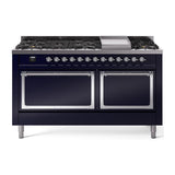 ILVE UN60FQNMPMBCLP Nostalgie II Noblesse 60 inch Dual Fuel Range (9 Sealed Burners + Griddle, Liquid Propane, Solid Door, Midnight Blue, Chrome)