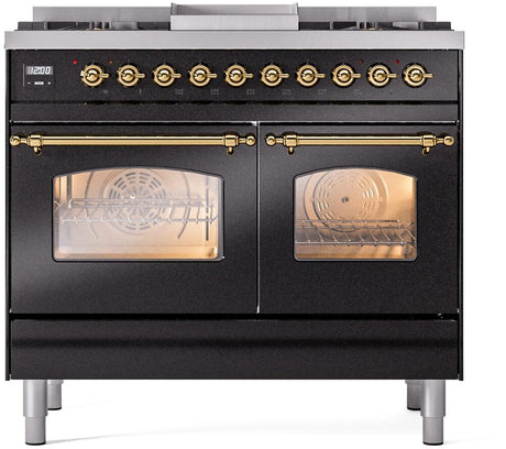 Nostalgie II 40 Inch Dual Fuel Natural Gas Freestanding Range in Glossy Black with Brass Trim