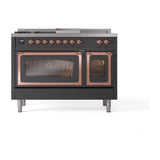 ILVE UN48FSNMPMGPLP Nostalgie II Noblesse 48 inch Dual Fuel Range (5 Sealed Burners + Griddle + French Top, Liquid Propane, Triple Glass Door, Graphite Matte, Copper)