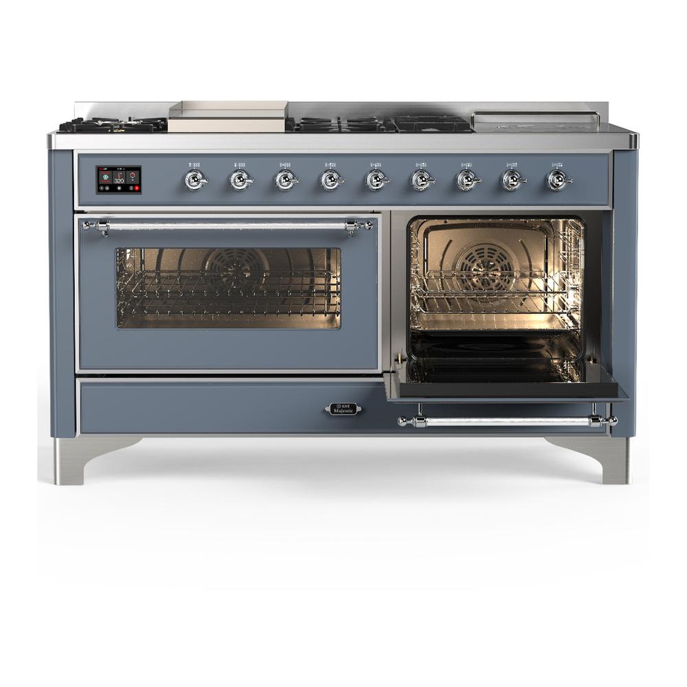 ILVE UM60FSNR3BGCLP Majestic III 60 inch Dual Fuel Range with 7 Burners, Griddle and French Top, Dual Function Burner with up to 25,000 BTU (Liquid Propane, Triple Glass Door, Blue Grey, Chrome)