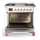 ILVE UM36FNR3WHPLP Majestic III 36 inch Dual Fuel Range with 6 Black Brass Burners and Griddle, Dual Function Burner up to 25,000 BTU (Triple Glass Door, White, Copper, Liquid Propane)