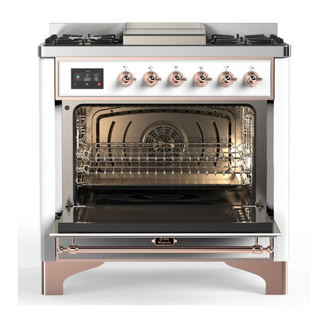 ILVE UM36FNR3WHPLP Majestic III 36 inch Dual Fuel Range with 6 Black Brass Burners and Griddle, Dual Function Burner up to 25,000 BTU (Triple Glass Door, White, Copper, Liquid Propane)