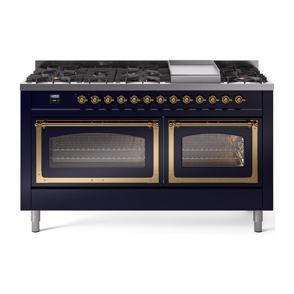 ILVE UN60FNMPMBGLP Nostalgie II Noblesse 60 inch Dual Fuel Range (9 Sealed Burners + Griddle, Liquid Propane, Triple Glass Door, Midnight Blue, Brass)