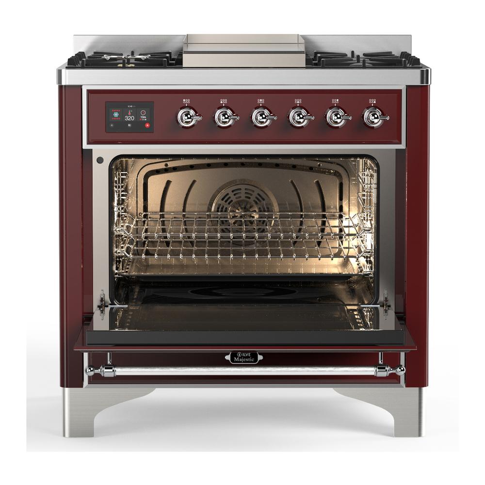 ILVE UM36FQNR3BUC Majestic III 36 inch Dual Fuel Range with 6 Black Brass Burners and Griddle, Dual Function Burner up to 25,000 BTU (Solid Door, Burgundy, Chrome, Natural Gas)