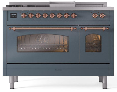 Nostalgie II 48 Inch Dual Fuel Natural Gas Freestanding Range in Blue Grey with Copper Trim