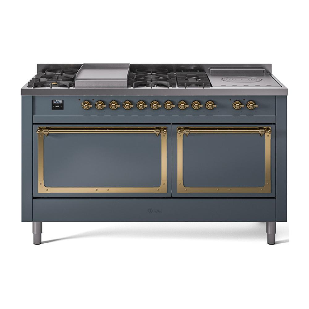 ILVE UN60FSQNMPBGG Nostalgie II Noblesse 60 inch Dual Fuel Range (7 Sealed Burners + Griddle + French Top, Natural Gas, Solid Door, Blue Grey, Brass)