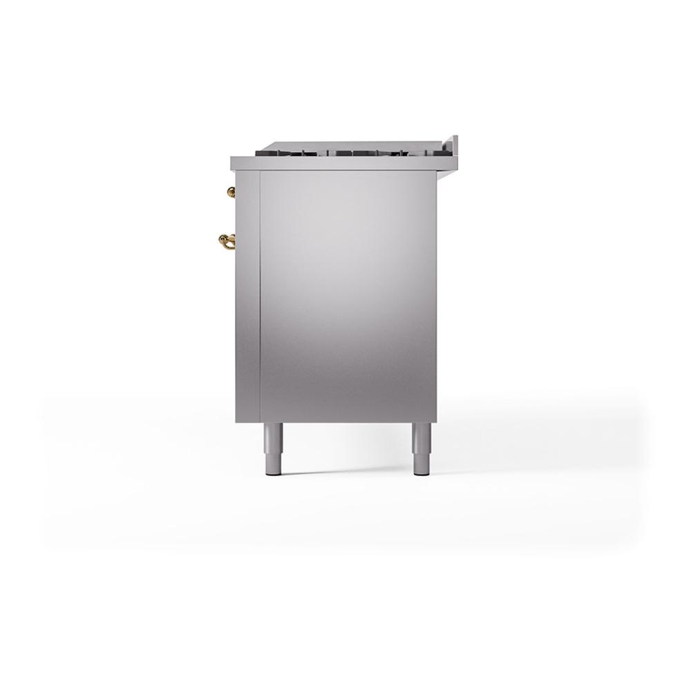 ILVE UN60FQNMPSSG Nostalgie II Noblesse 60 inch Dual Fuel Range (9 Sealed Burners + Griddle, Natural Gas, Solid Door, Stainless Steel, Brass)