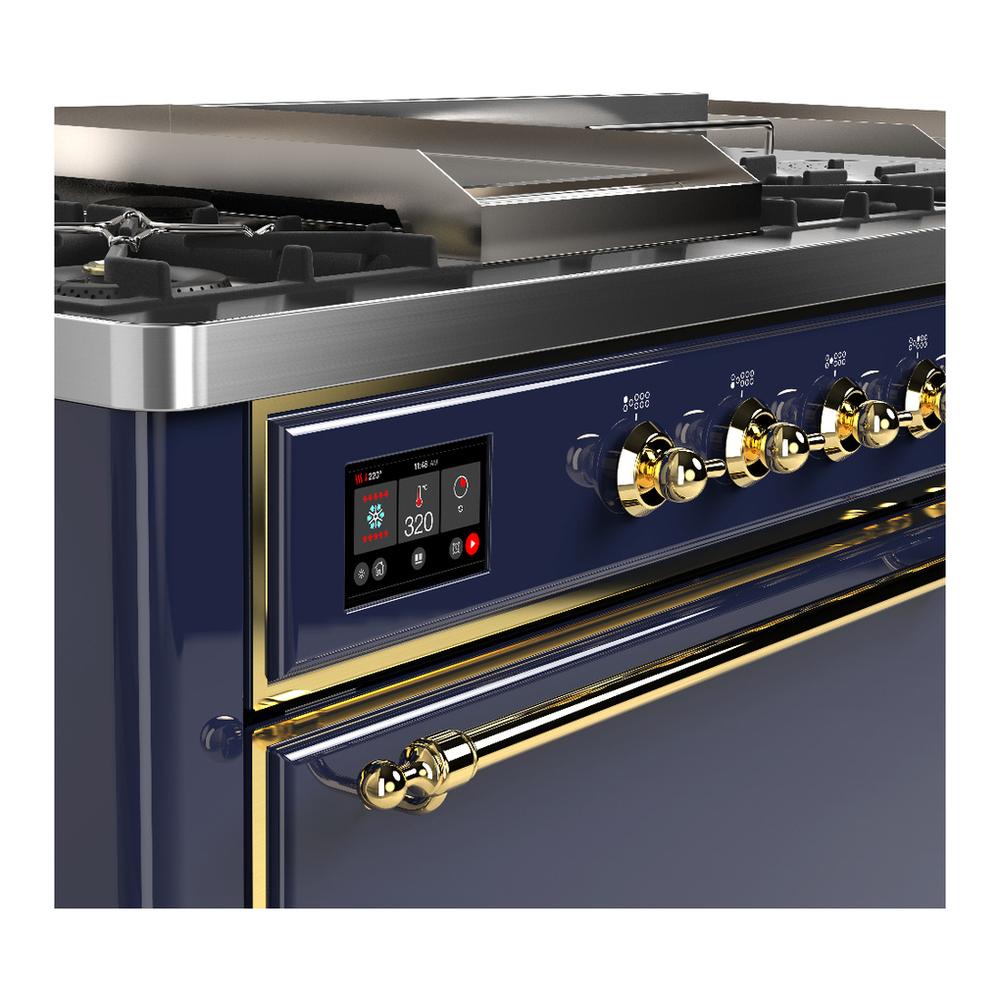 ILVE UM60FSQNR3MBGLP Majestic III 60 inch Dual Fuel Range with 7 Burners, Griddle and French Top, Dual Function Burner with up to 25,000 BTU (Liquid Propane, Solid Door, Midnight Blue, Brass)