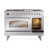 ILVE UN48FNMPSSCLP Nostalgie II Noblesse 48 inch Dual Fuel Range (8 Sealed Burners + Griddle, Liquid Propane, Triple Glass Door, Stainless Steel, Chrome)