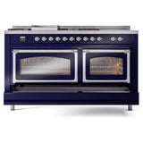 ILVE UN60FSNMPMBC Nostalgie II Noblesse 60 inch Dual Fuel Range (7 Sealed Burners + Griddle + French Top, Natural Gas, Triple Glass Door, Midnight Blue, Chrome)