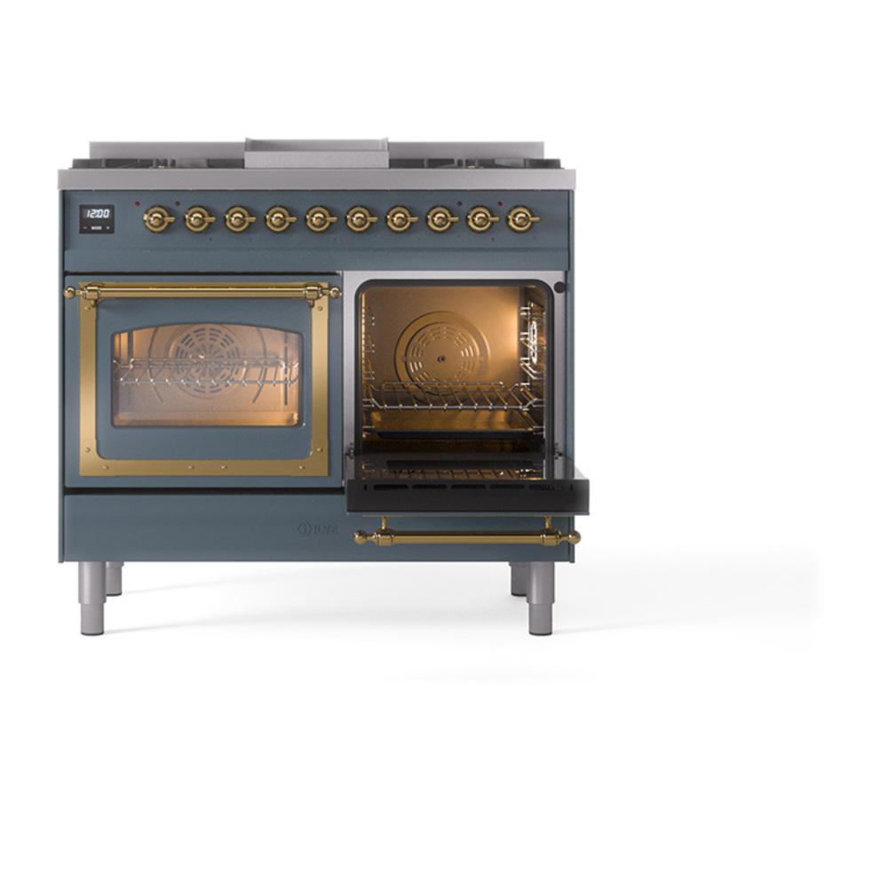 ILVE UND40FNMPBGGLP Nostalgie II Noblesse 40 inch Dual Fuel Range (Liquid Propane, Triple Glass Door, Blue Grey, Brass)