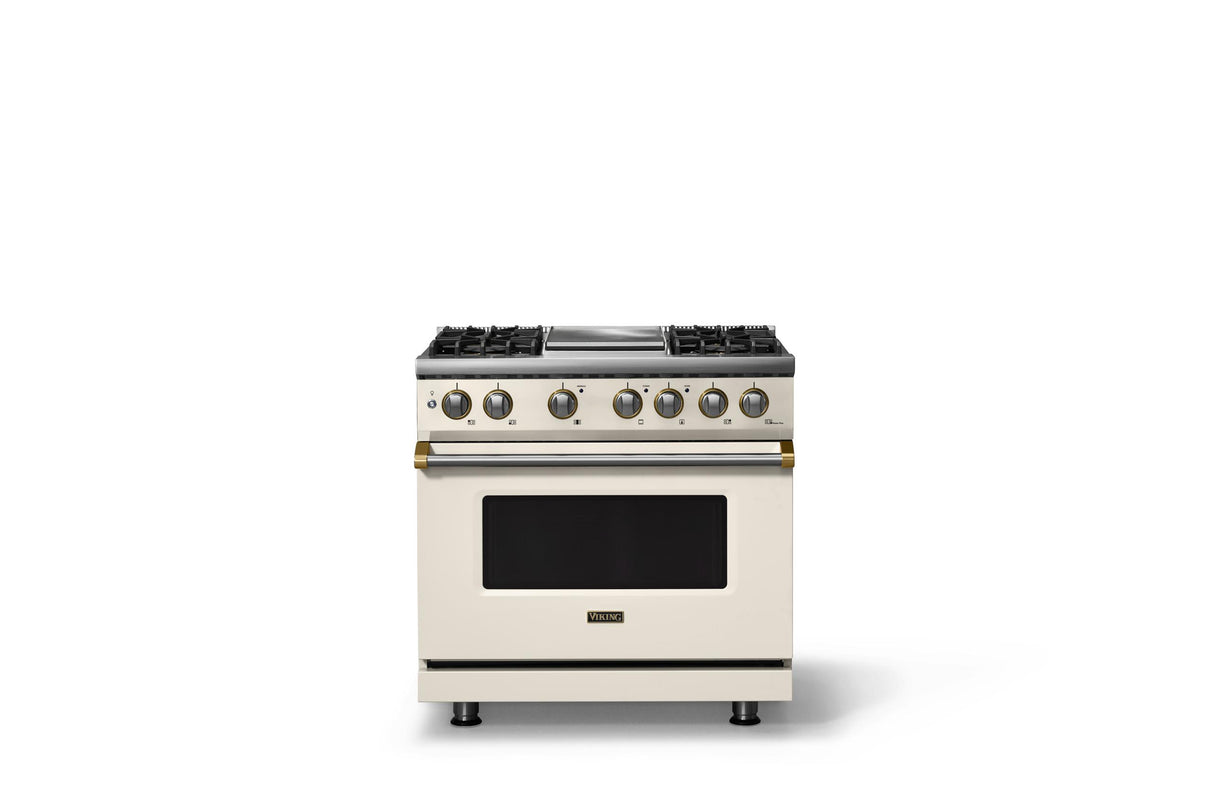 36"W. Dual Fuel Range (Burner: 4g, Finish: Pure White, Trim: Brushed Brass, Fuel: Natural Gas)