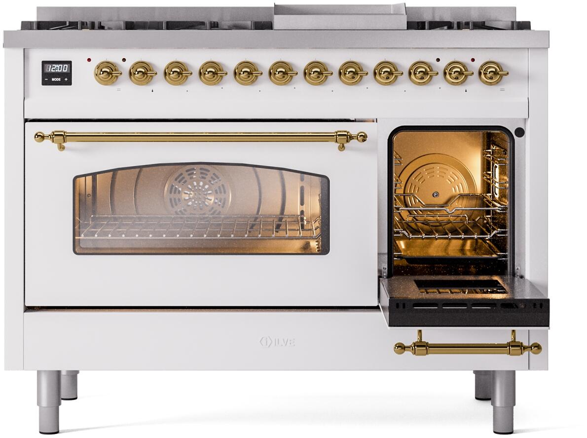 Nostalgie II 48 Inch Dual Fuel Natural Gas Freestanding Range in White with Brass Trim