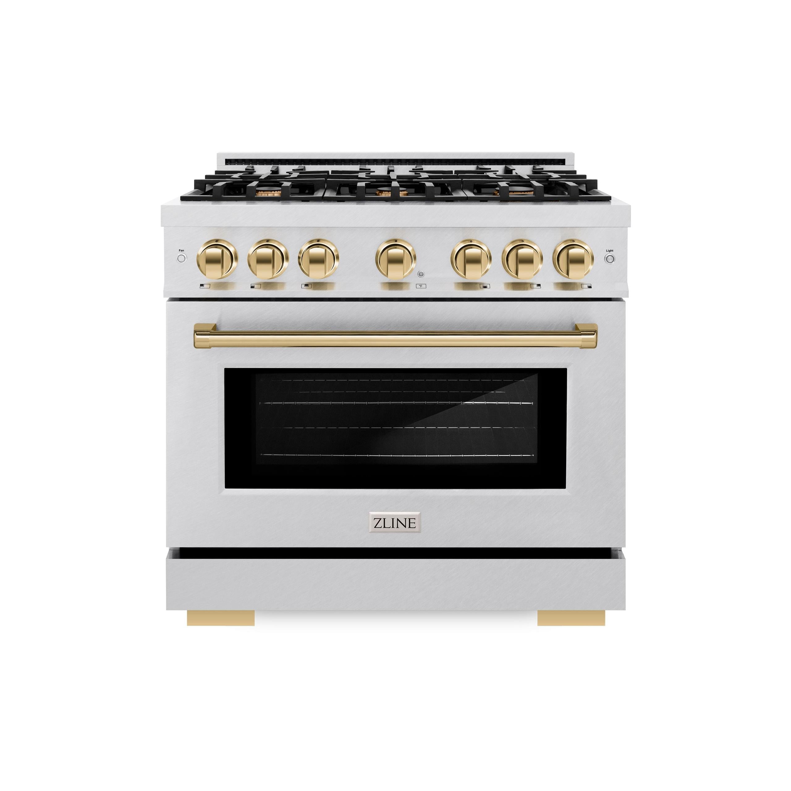 ZLINE Autograph Edition 36 in. 5.2 cu. ft. Select Gas Range with 6 Burner Cooktop and Convection Gas Oven in DuraSnow' Stainless Steel and Polished Gold Accents (HGRSZ-36-G)