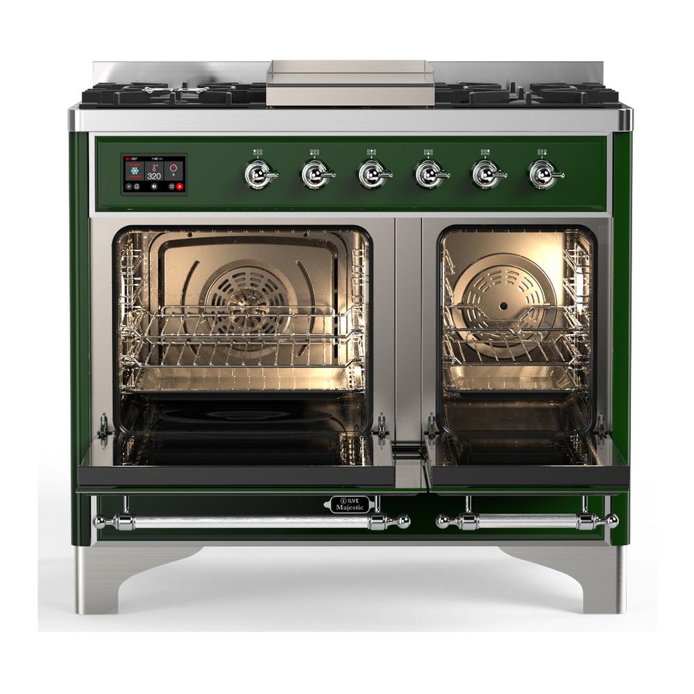 ILVE UMD40FQNR3EGC Majestic III 40 inch Dual Fuel Range with 6 Burners and Griddle, Dual Function Burner up to 25,000 BTU (Natural Gas, Solid Door, Emerald Green, Chrome)