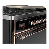 ILVE UM48FSQNR3BKPLP Majestic III 48 inch Dual Fuel Range with 5 Black Brass Burners, Griddle and French Top, Dual Function Burner up to 25,000 BTU (Liquid Propane, Solid Door, Glossy Black, Copper)