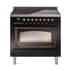 ILVE UNI366NMPBKB Nostalgie II Noblesse 36 inch Induction Range (Triple Glass Door, Glossy Black, Burnished)
