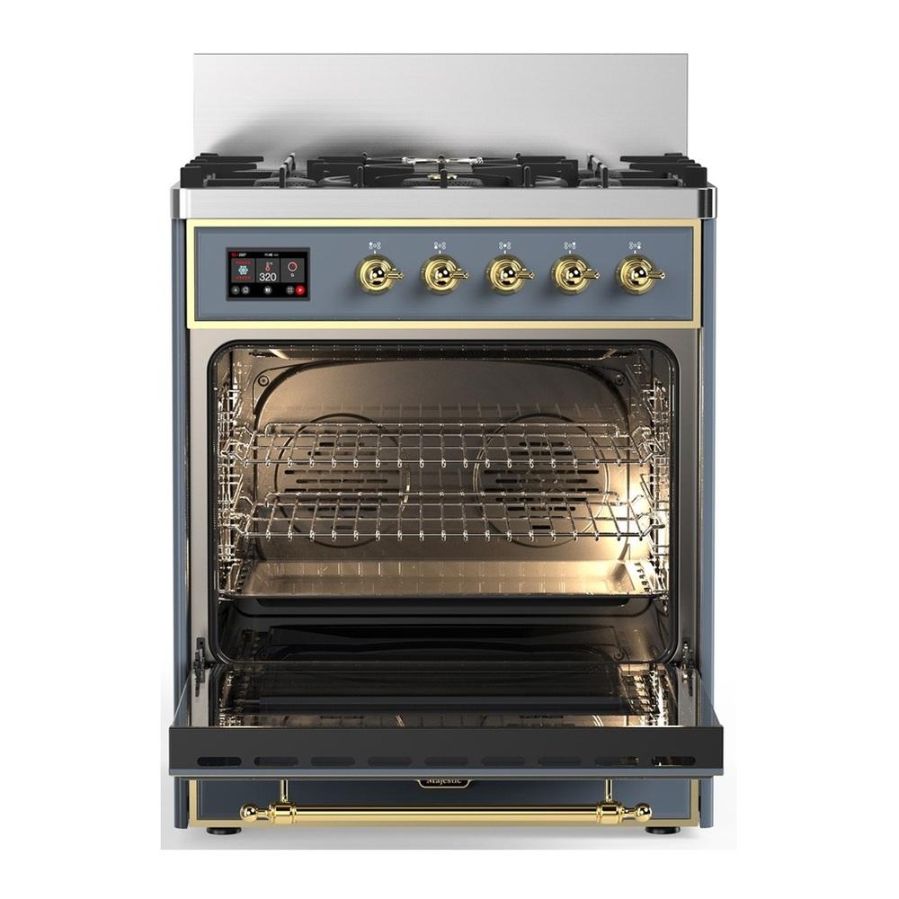 ILVE UM30QNR3BGGLP Majestic III 30 inch Dual Fuel Range with 5 Black Brass Burners, Dual Function Burner up to 25,000 BTU (Liquid Propane, Solid Door, Blue Grey, Brass)
