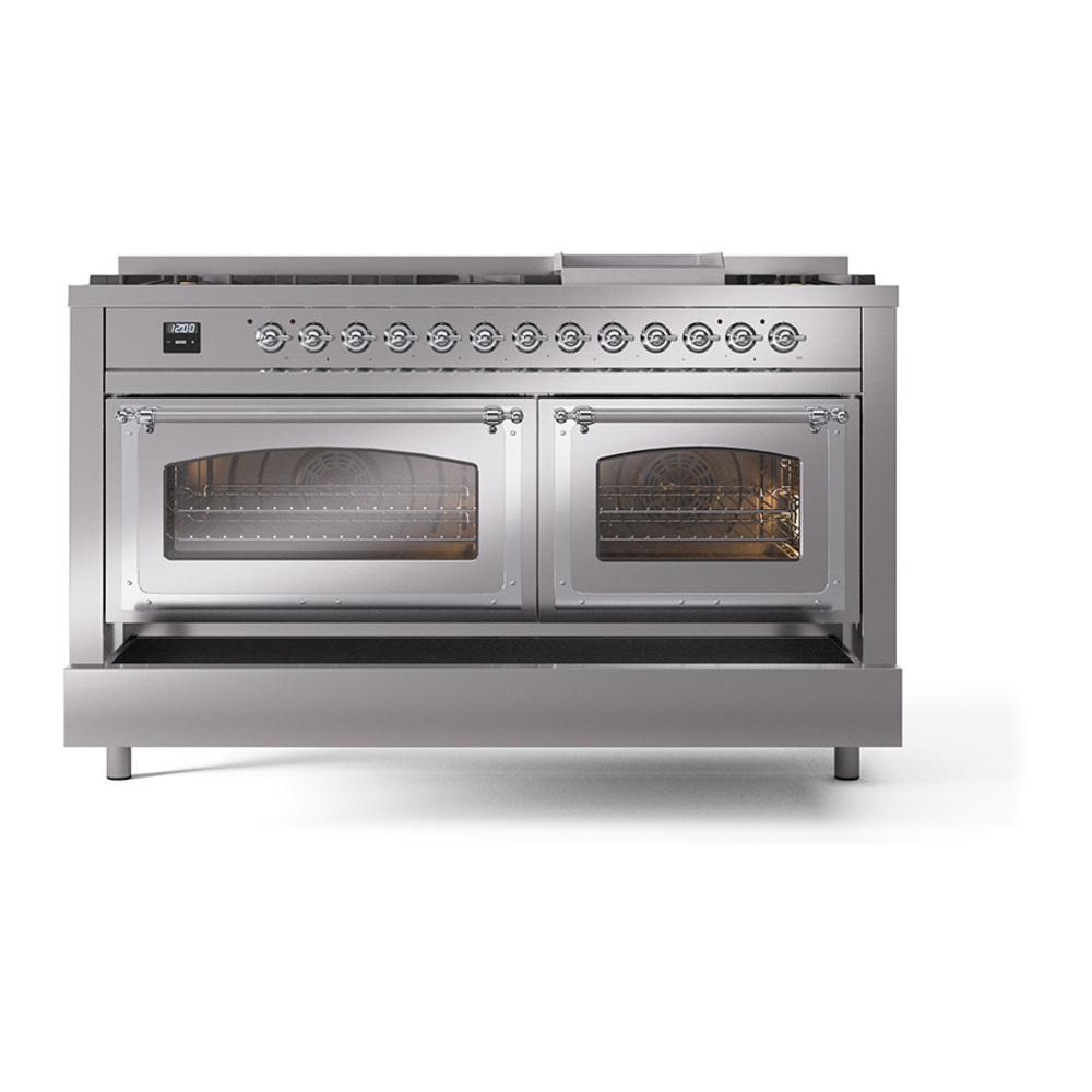 ILVE UN60FNMPSSC Nostalgie II Noblesse 60 inch Dual Fuel Range (9 Sealed Burners + Griddle, Natural Gas, Triple Glass Door, Stainless Steel, Chrome)