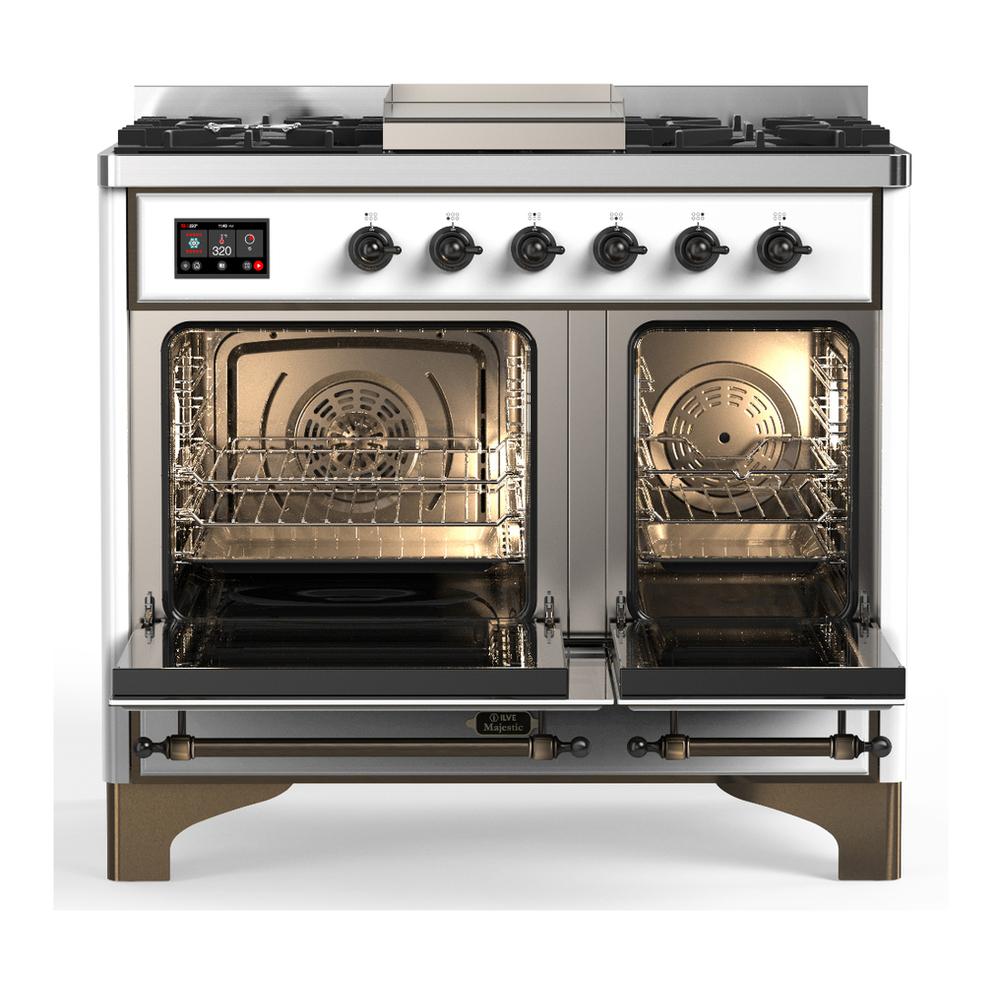 ILVE UMD40FQNR3WHBLP Majestic III 40 inch Dual Fuel Range with 6 Burners and Griddle, Dual Function Burner up to 25,000 BTU (Liquid Propane, Solid Door, White, Burnished)
