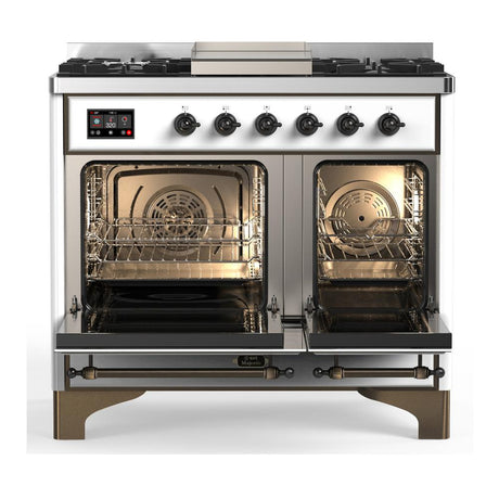 ILVE UMD40FQNR3WHBLP Majestic III 40 inch Dual Fuel Range with 6 Burners and Griddle, Dual Function Burner up to 25,000 BTU (Liquid Propane, Solid Door, White, Burnished)