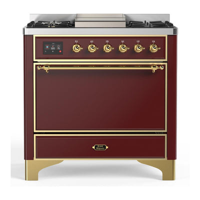 ILVE UM36FQNR3BUG Majestic III 36 inch Dual Fuel Range with 6 Black Brass Burners and Griddle, Dual Function Burner up to 25,000 BTU (Solid Door, Burgundy, Brass, Natural Gas)