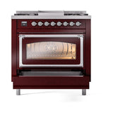 ILVE UN36FNMPBUC Nostalgie II Noblesse 36 inch Dual Fuel Range (Natural Gas, Triple Glass Door, Burgundy, Chrome)