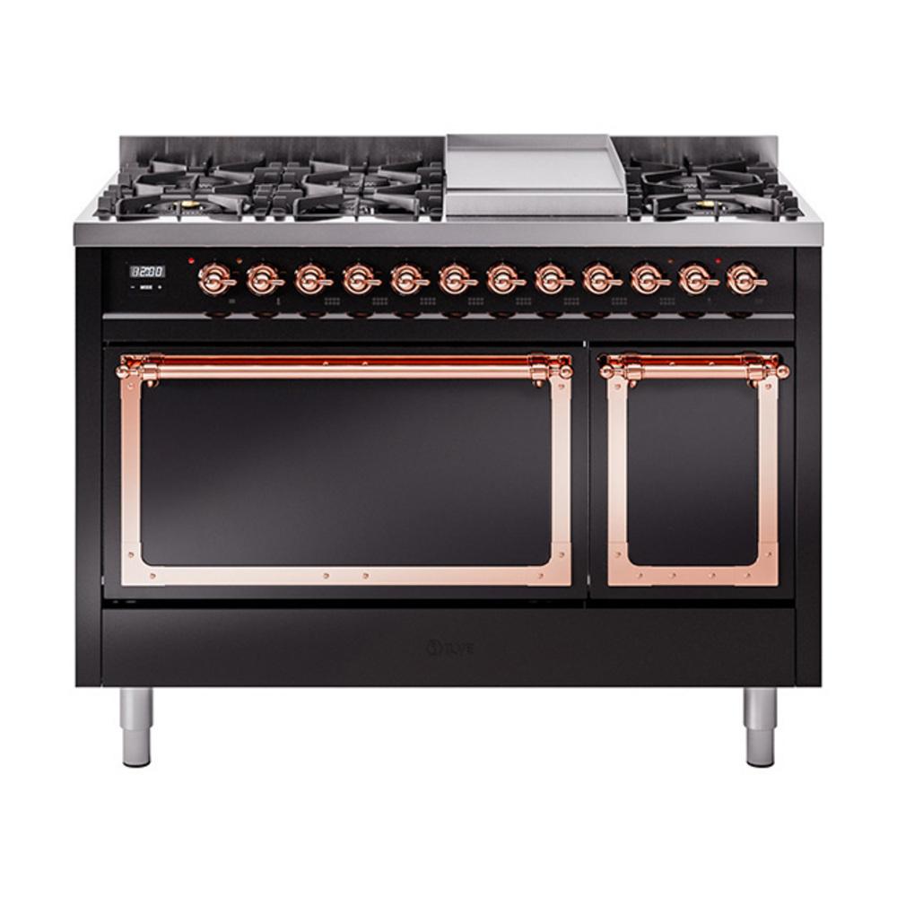 ILVE UN48FQNMPBKPLP Nostalgie II Noblesse 48 inch Dual Fuel Range (8 Sealed Burners + Griddle, Liquid Propane, Solid Door, Glossy Black, Copper)