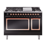 ILVE UN48FQNMPBKPLP Nostalgie II Noblesse 48 inch Dual Fuel Range (8 Sealed Burners + Griddle, Liquid Propane, Solid Door, Glossy Black, Copper)