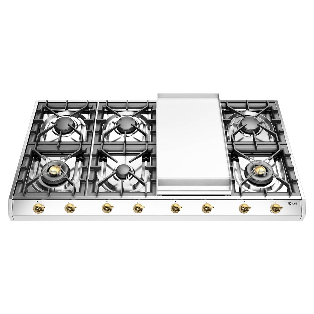 ILVE UHCP1265FNSSG Nostalgie II 48 inch Built-In Gas Cooktop with Griddle, in Stainless Steel (Natural Gas)