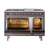 ILVE UN48FNMPMGPLP Nostalgie II Noblesse 48 inch Dual Fuel Range (8 Sealed Burners + Griddle, Liquid Propane, Triple Glass Door, Graphite Matte, Copper)