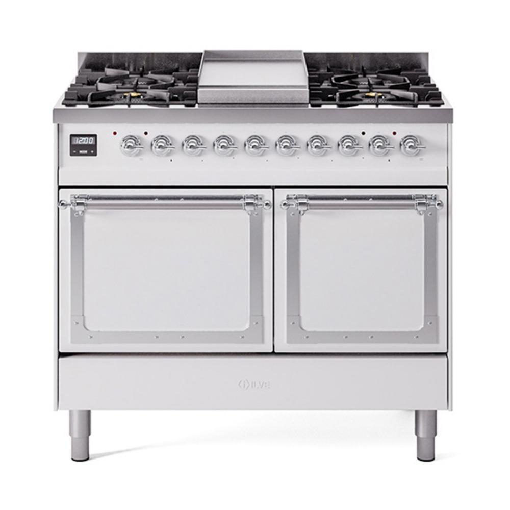 ILVE UND40FQNMPWHC Nostalgie II Noblesse 40 inch Dual Fuel Range (Natural Gas, Solid Door, White, Chrome)