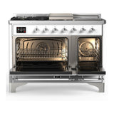 ILVE UM48FSNR3WHCLP Majestic III 48 inch Dual Fuel Range with 5 Black Brass Burners, Griddle and French Top, Dual Function Burner up to 25,000 BTU (Liquid Propane, Triple Glass Door, White, Chrome)