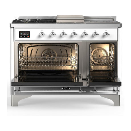 ILVE UM48FSNR3WHCLP Majestic III 48 inch Dual Fuel Range with 5 Black Brass Burners, Griddle and French Top, Dual Function Burner up to 25,000 BTU (Liquid Propane, Triple Glass Door, White, Chrome)