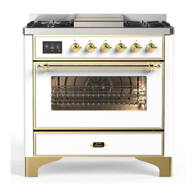 ILVE UM36FNR3WHGLP Majestic III 36 inch Dual Fuel Range with 6 Black Brass Burners and Griddle, Dual Function Burner up to 25,000 BTU (Triple Glass Door, White, Brass, Liquid Propane)