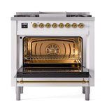 ILVE UN36FQNMPWHGLP Nostalgie II Noblesse 36 inch Dual Fuel Range (Liquid Propane, Solid Door, White, Brass)