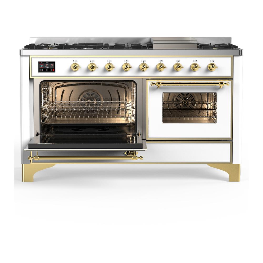 ILVE UM60FNR3WHG Majestic III 60 inch Dual Fuel Range with 9 Burners and Griddle, Dual Function Burner up to 25,000 BTU (Natural Gas, Triple Glass Door, White, Brass)