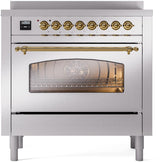 Nostalgie II 36 Inch Electric Freestanding Range in Stainless Steel with Brass Trim