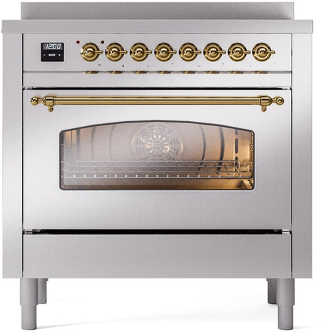 Nostalgie II 36 Inch Electric Freestanding Range in Stainless Steel with Brass Trim