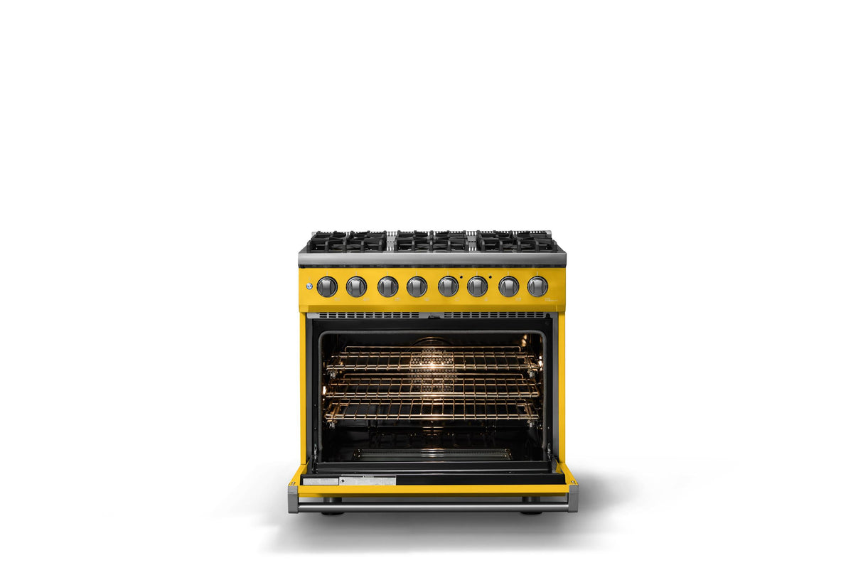 36"W. Dual Fuel Range (Burner: 6b, Finish: Daffodil, Trim: Polished Chrome, Fuel: Natural Gas)