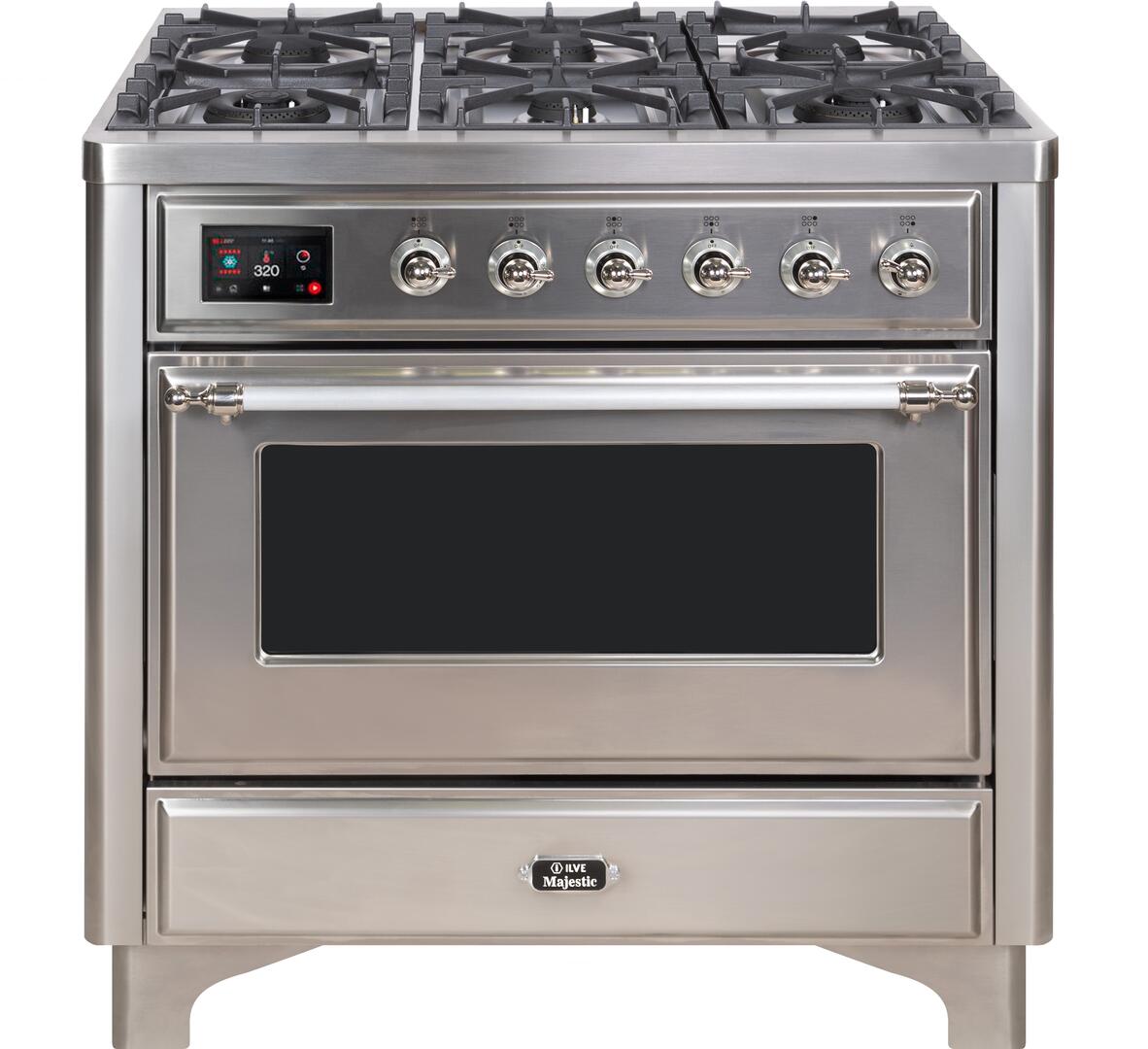 Majestic II 36 Inch Dual Fuel Natural Gas Freestanding Range in Stainless Steel with Chrome Trim