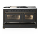 ILVE UM60FSNR3MGB Majestic III 60 inch Dual Fuel Range with 7 Burners, Griddle and French Top, Dual Function Burner with up to 25,000 BTU (Natural Gas, Triple Glass Door, Graphite Matte, Burnished)