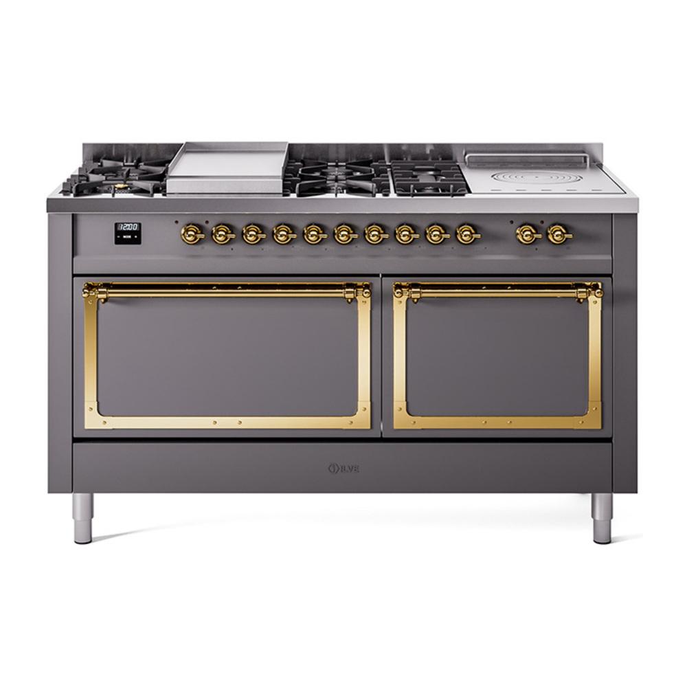 ILVE UN60FSQNMPMGGLP Nostalgie II Noblesse 60 inch Dual Fuel Range (7 Sealed Burners + Griddle + French Top, Liquid Propane, Solid Door, Graphite Matte, Brass)