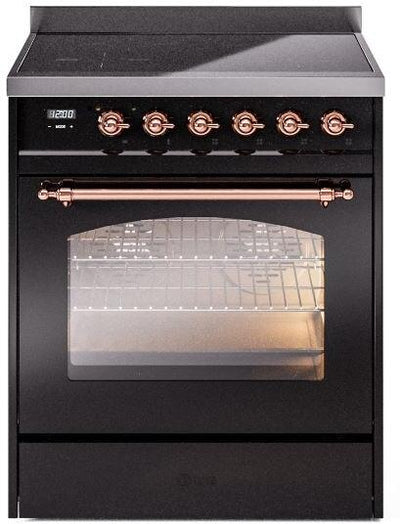 Nostalgie II 30 Inch Electric Freestanding Range in Glossy Black with Copper Trim