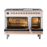 ILVE UN48FNMPAWP Nostalgie II Noblesse 48 inch Dual Fuel Range (8 Sealed Burners + Griddle, Natural Gas, Triple Glass Door, Antique White, Copper)