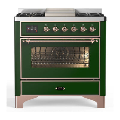 ILVE UM36FNR3EGP Majestic III 36 inch Dual Fuel Range with 6 Black Brass Burners and Griddle, Dual Function Burner up to 25,000 BTU (Triple Glass Door, Emerald Green, Copper, Natural Gas)