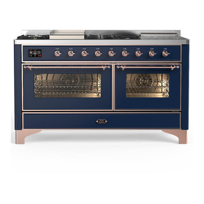 ILVE UM60FSNR3MBP Majestic III 60 inch Dual Fuel Range with 7 Burners, Griddle and French Top, Dual Function Burner with up to 25,000 BTU (Natural Gas, Triple Glass Door, Midnight Blue, Copper)