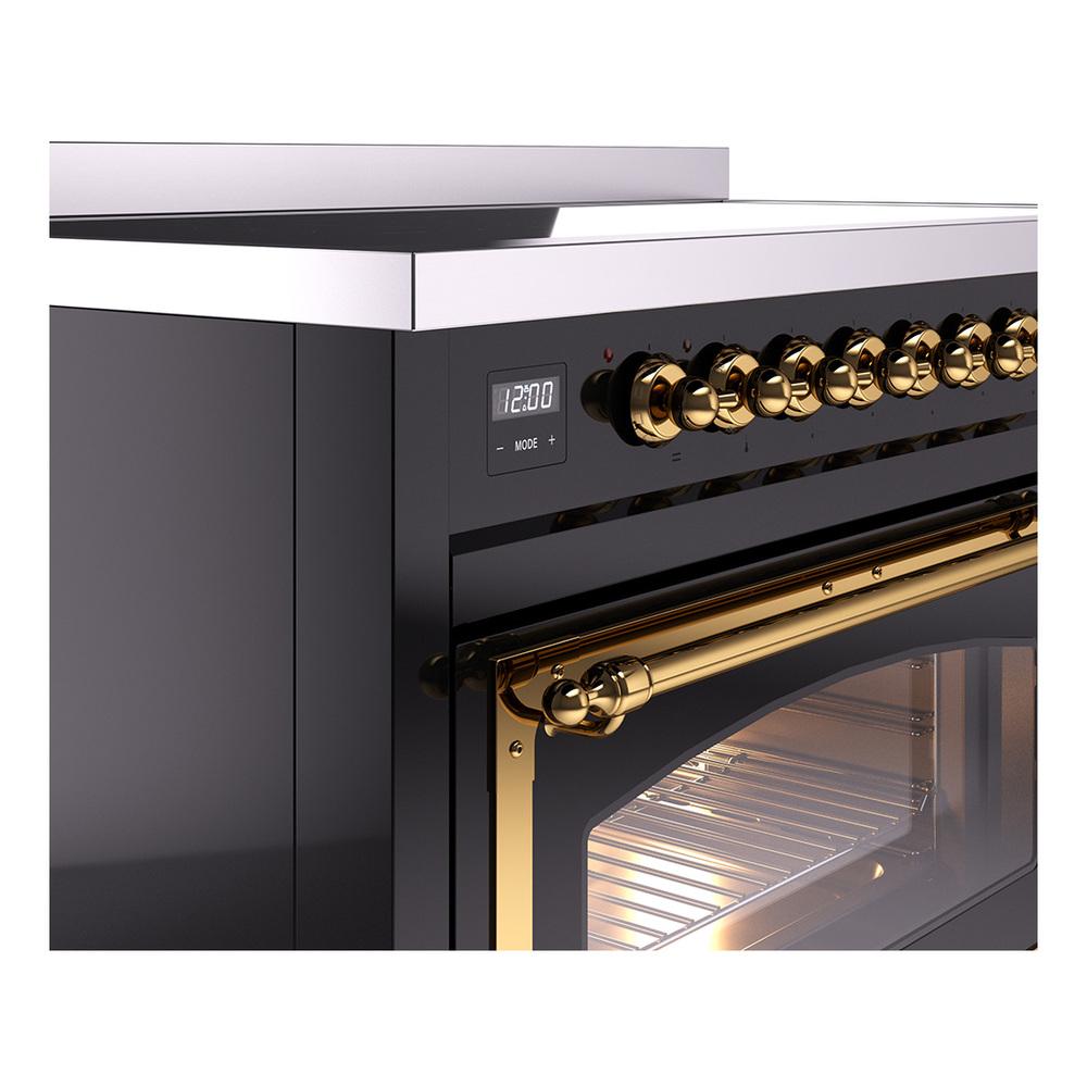 ILVE UNI486NMPBKG Nostalgie II Noblesse 48 inch Induction Range (Triple Glass Door, Glossy Black, Brass)