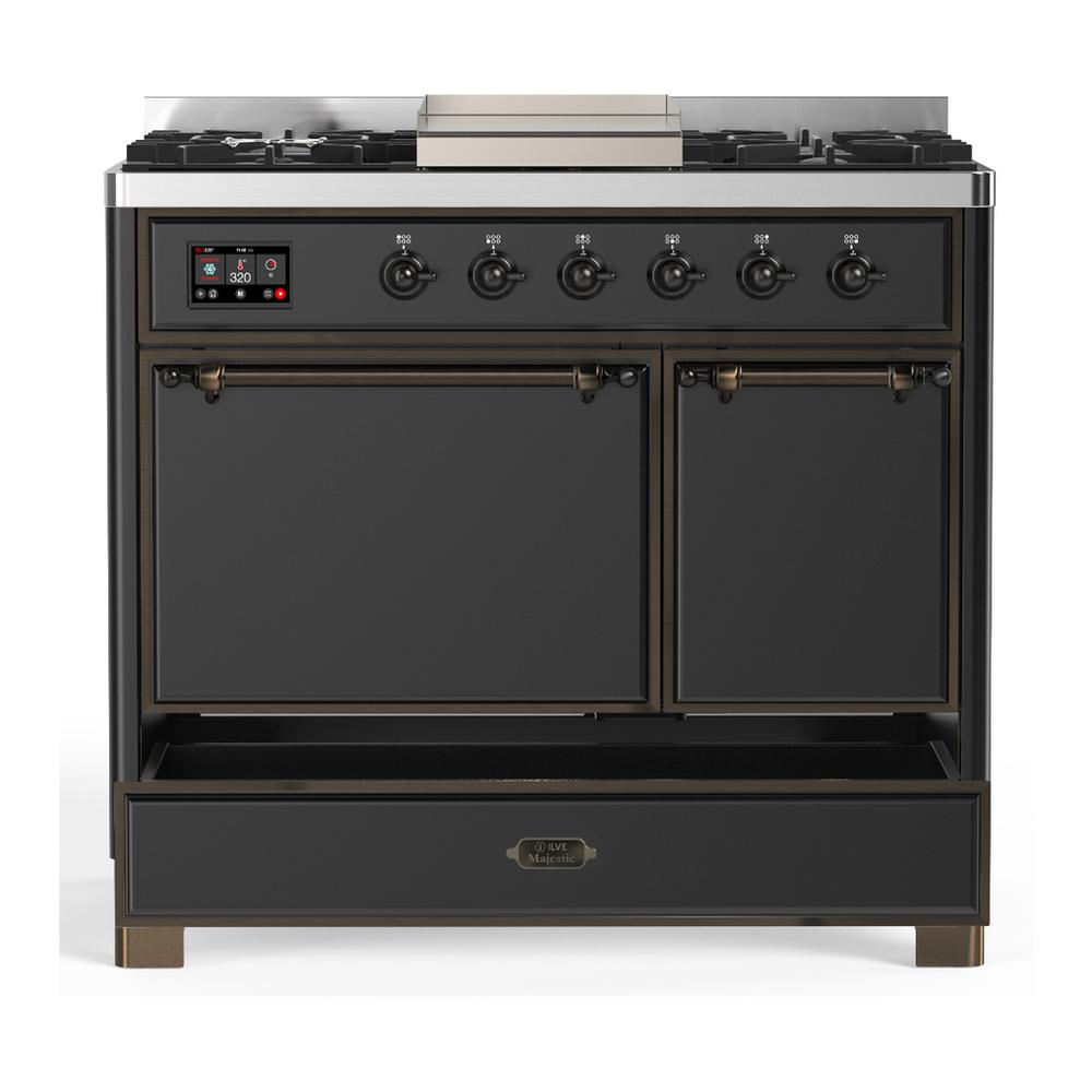 ILVE UMD40FQNR3MGBLP Majestic III 40 inch Dual Fuel Range with 6 Burners and Griddle, Dual Function Burner up to 25,000 BTU (Liquid Propane, Solid Door, Graphite Matte, Burnished)